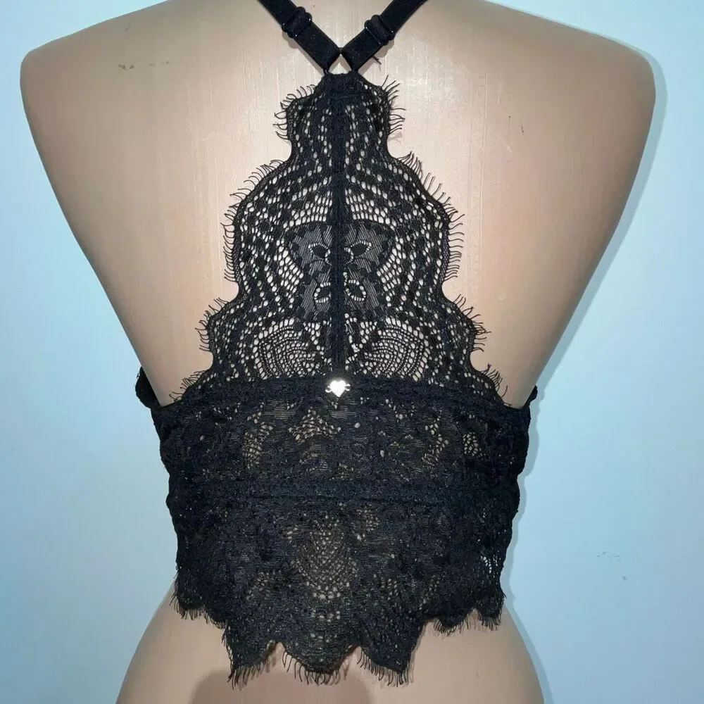 PINK Victoria's Secret Women's Black Floral Lace‎ Halter Push-up Bralette Large